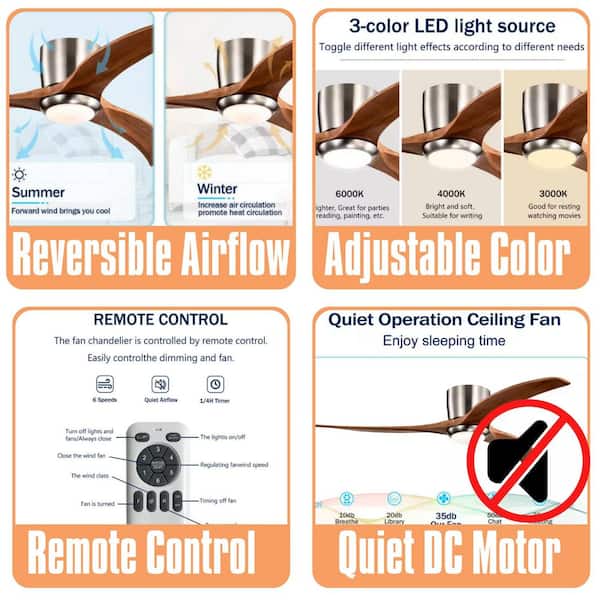 52 in. Standard Nickel Flush Mount Ceiling Fan, Solid Wood Blades with Light, 6 Speed Noiseless Reversible Motor,Remote