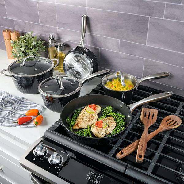 KENMORE Logan 10 Piece Aluminum Nonstick Cookware Set in Black with Wood  Utensils 985118641M - The Home Depot