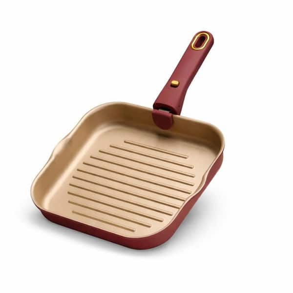 10 in. Titanium Reinforced Nonstick Grill Pan with Detachable Handle in Burgundy for All Stovetop Indoor Cooking