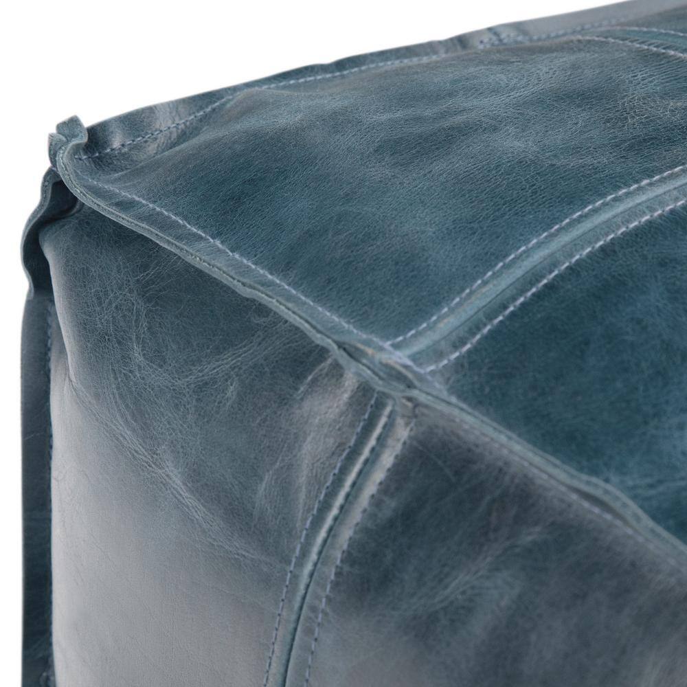 Teal Genuine Leather Square Pouf with Engineered Wood Frame