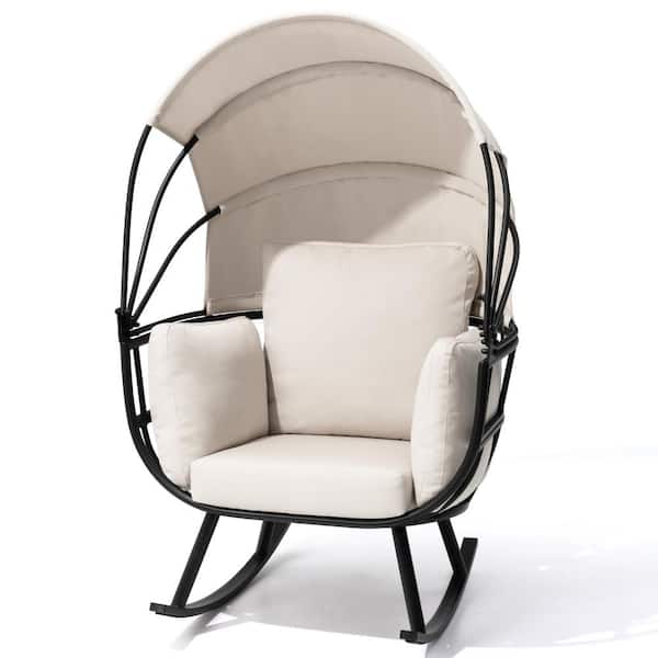 Pellebant Rocking Egg Shaped Metal Outdoor Lounge Chair with Beige Cushion and Folding Sunshade Canopy