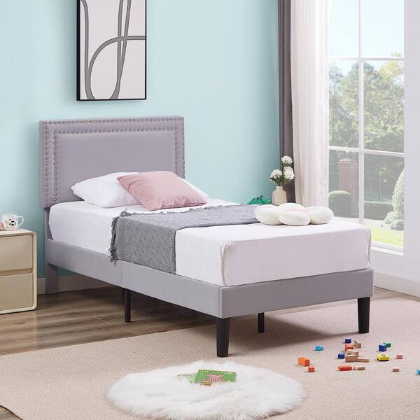 VECELO Upholstered Bed with Adjustable Headboard, No Box Spring Needed Platform Bed Frame, Bed Frame Light Gray Twin Bed