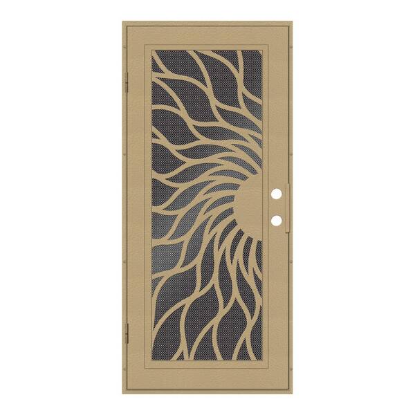 Unique Home Designs 32 in. x 80 in. Sunfire Desert Sand Right-Hand Surface Mount Aluminum Security Door with Black Perforated Metal Screen