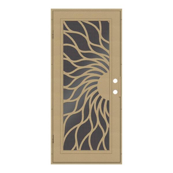 Unique Home Designs 36 in. x 80 in. Sunfire Desert Sand Right-Hand Surface Mount Aluminum Security Door with Black Perforated Metal Screen