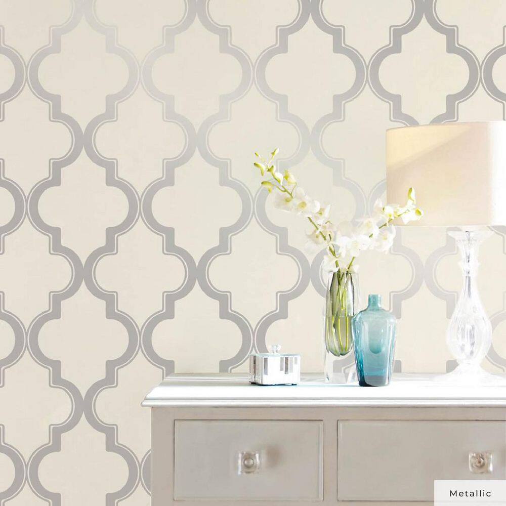 Cream and Metallic Silver Vinyl Peel and Stick Wallpaper Roll
