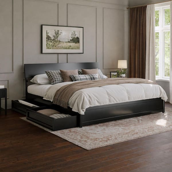 Norla Black Wood Frame King Platform Bed with Footboard and Storage Drawers