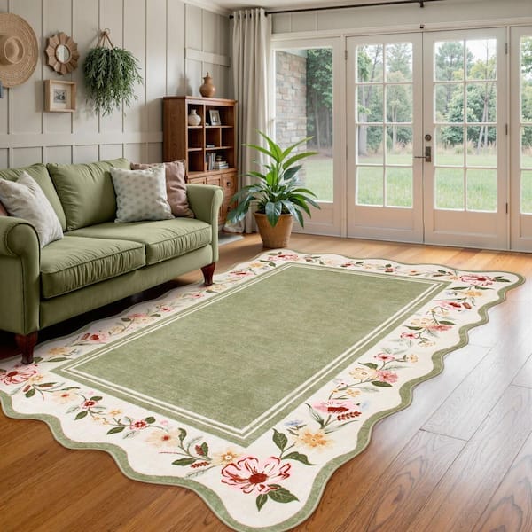 5 ft. x 7 ft. Machine Washable Green Scalloped Vintage Floral Low Pile Non Slip Soft Living Room Bedroom Indoor Area Rug