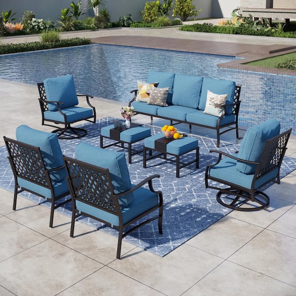 PHI VILLA Black Meshed 9-Seat 7-Piece Metal Outdoor Patio Conversation Set with Denim Blue Cushions,2 Swivel Chairs and 2 Ottomans