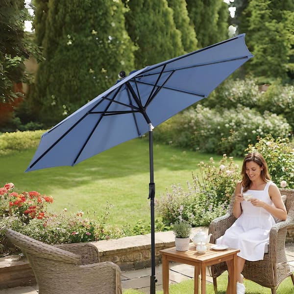 double vented patio umbrella AE Outdoor 9 ft. Patio Umbrella with Auto-Tilt and Crank Lift-Double Vented Canopy, Wind-Resistant Ribs, UV/Water-Resistance(OBlue)