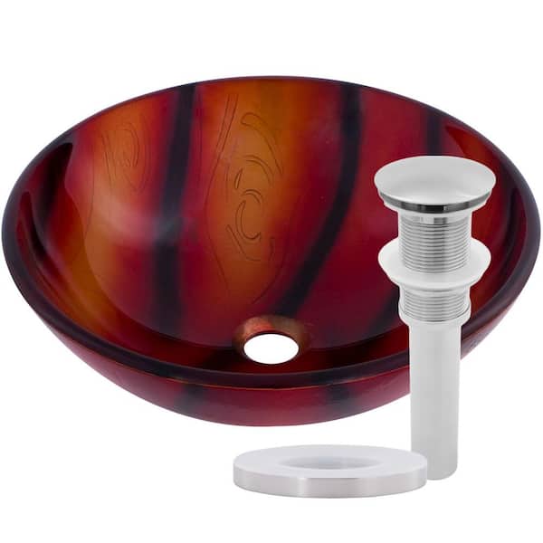 Novatto Autunno Glass Vessel Sink in Hand Painted Red with Pop-Up Drain in Brushed Nickel