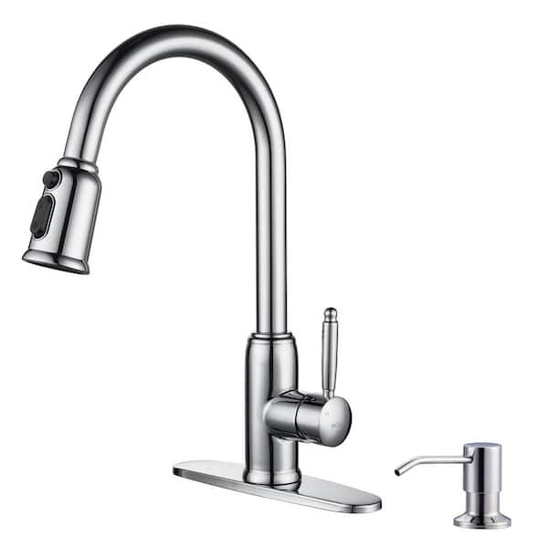 ARCORA Single Handle Pull Out Sprayer Kitchen Faucet Deckplate Included with Soap Dispenser in Chrome