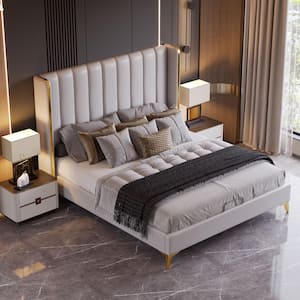 Channel Tufted Light Gray Wood Frame Queen Upholstered Platform Bed, Wing Back in Gilded Strips Trim, Thickened Slats