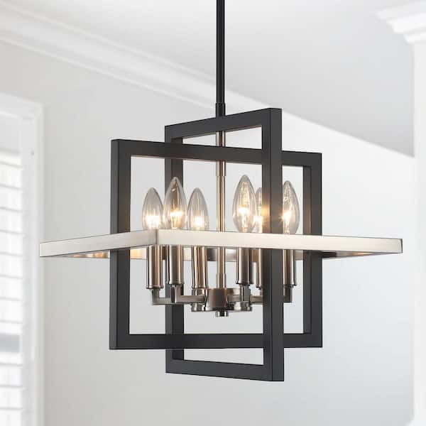 6-Light Nickel Geometric Hanging Linear Candlestick Chandelier Lighting Fixture for Kitchen Island