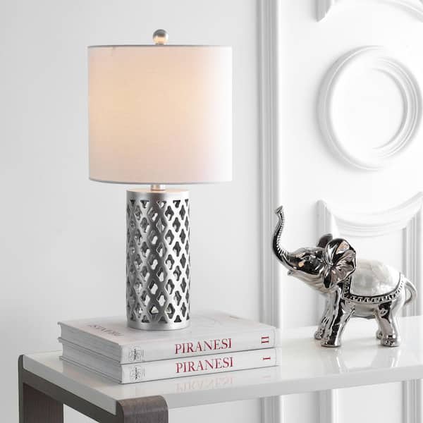 Rorie 21 in. Silver Trellis Table Lamp with Off-White Shade