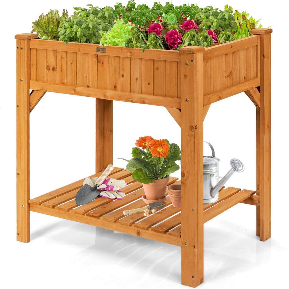 36 in. Wood Brown Raised Beds, Elevated Planter Box Kit with 8 Grids and Li