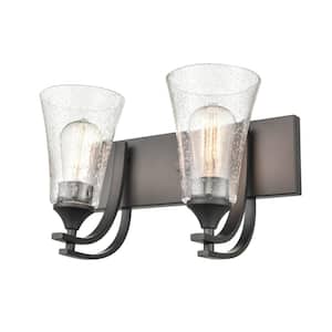 Natalie 14.5 in. 2-Light Matte Black Bathroom Vanity Light with Clear Seeded Shade