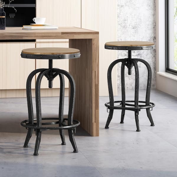 Amlin 27 in. Natural and Pewter Adjustable Swivel Bar Stool (Set of 2)