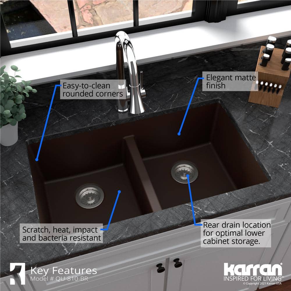 Brown Quartz 32'' Double Bowl Undermount Kitchen Sink
