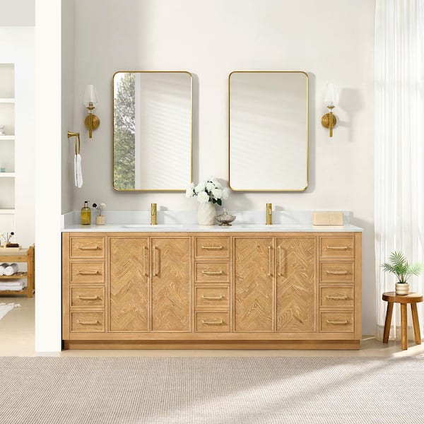 Jakarta 84 in. W x 22 in. D x 34 in. H Double Bath Vanity in Oak Natural Brown with Silk White Quartz Stone Top