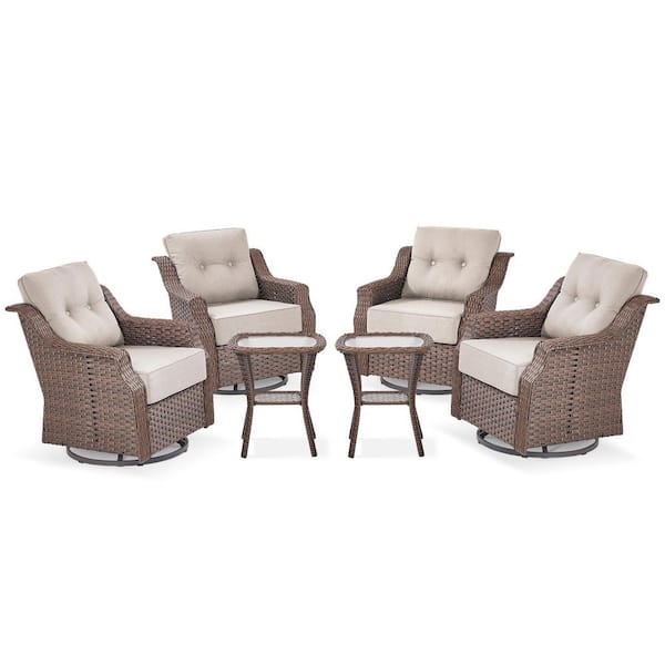 6-Pieces Brown Wicker Outdoor Swivel Rocking Chair Set with CushionGuard Beige Cushions