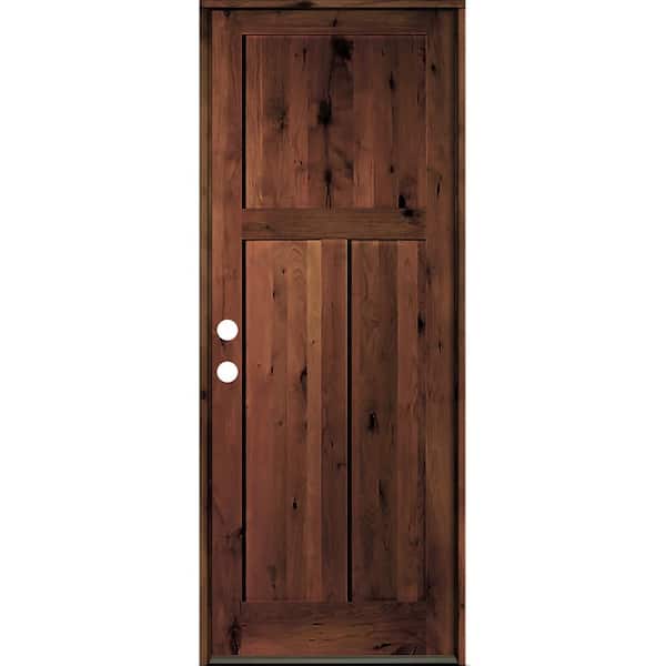 Krosswood Doors 32 in. x 96 in. Rustic Knotty Alder 3 Panel Right-Hand/Inswing Red Mahogany Wood Prehung Front Door