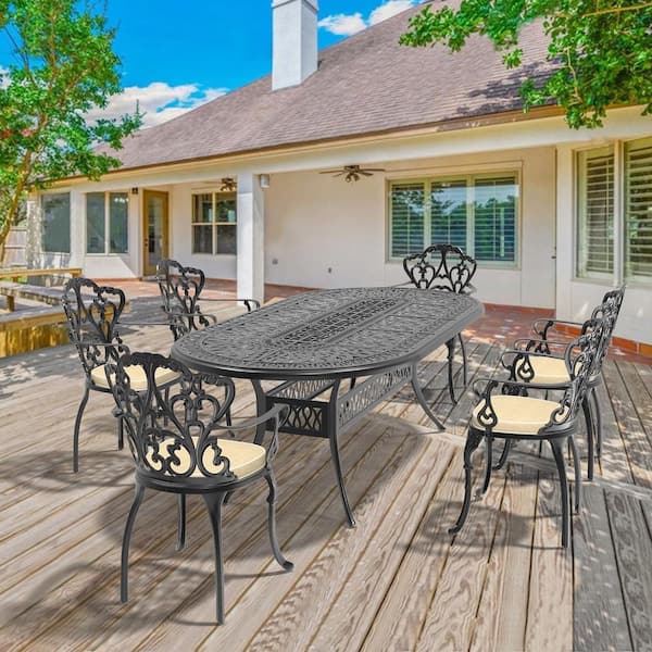 Willit Lily Black 7-Piece Cast Aluminum Outdoor Dining Set with Oval Table and Dining Chairs with Random Color Cushion