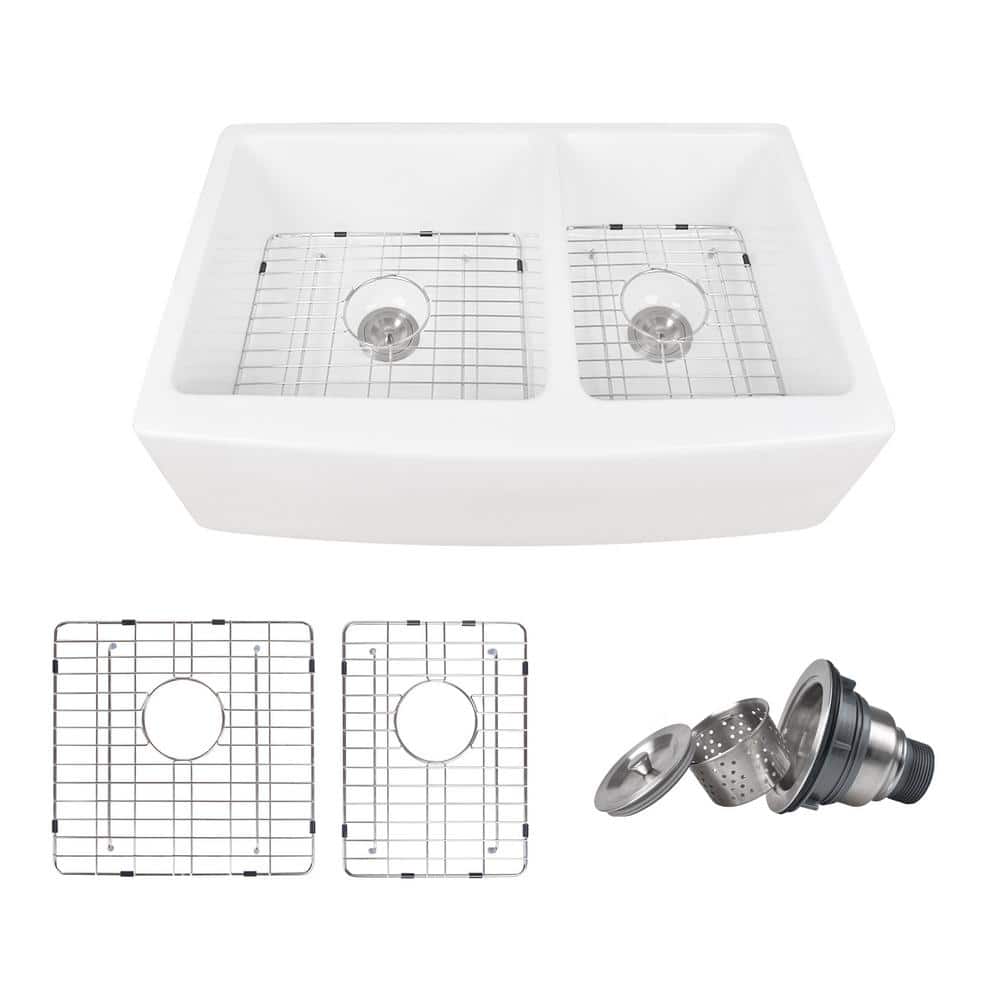 DeerValley 33" White Fireclay Double Bowl Farmhouse Sink