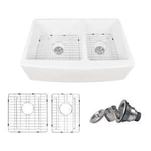 White Ceramic 33 in. L 40/60 Rectangular Double Bowl Farmhouse Apron Kitchen Sink with Sink Grid and Basket Strainer