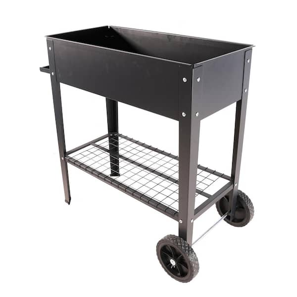 Unbranded 29.92 in. x 14.17 in. x 7.28 in. Mobile Metal Raised Garden Bed Cart, with Legs, Wheels, Shelf for Backyard Grow Black