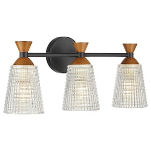 30 in. 3 Light Black and Wood Vanity Light with Clear Embossed Glass Shade