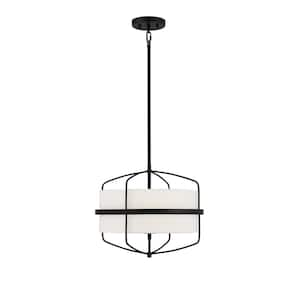 16.25 in. W x 13.75 in. H 3-Light Matte Black Shaded Pendant Light with White Fabric Shade