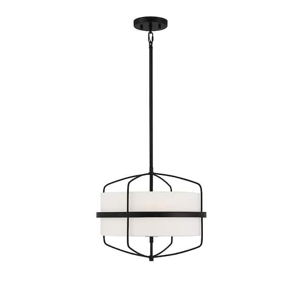 TUXEDO PARK LIGHTING 16.25 in. W x 13.75 in. H 3-Light Matte Black Shaded Pendant Light with White Fabric Shade