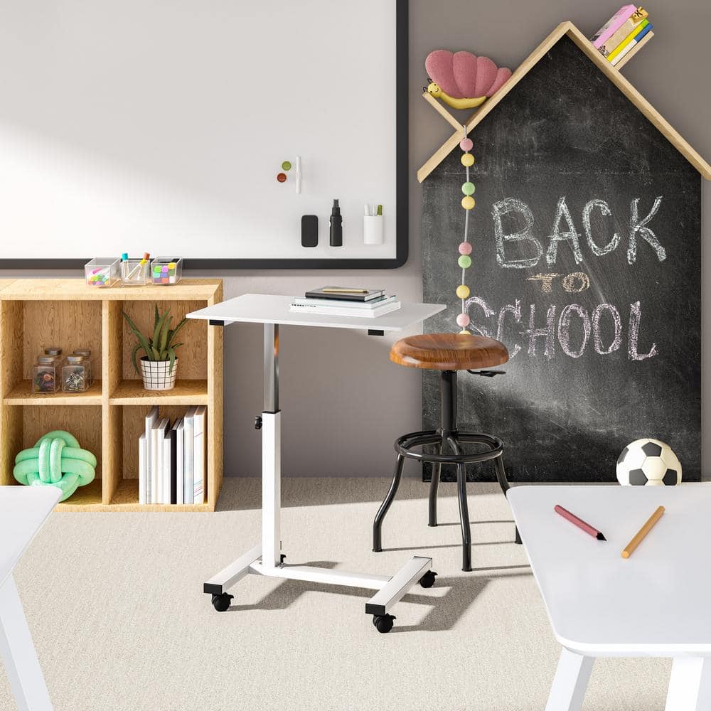 White Adjustable Height Rolling Laptop Desk with Wheels