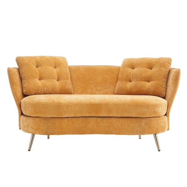 anpport 64.2 in. Yellow Velvet 2-Seater Loveseat with Golden Legs and 2-Pillows