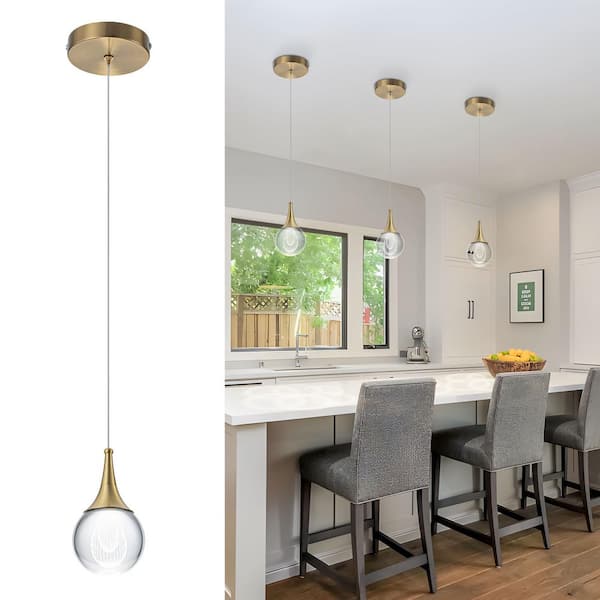 Modern Gold LED Pendant Light with Clear Teardrop Crystal Glass for Kitchen Island Dining Room Bar Foyer Lighting