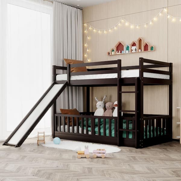Harper & Bright Designs Espresso Twin Over Twin Wood Bunk Bed with Slide and Ladder