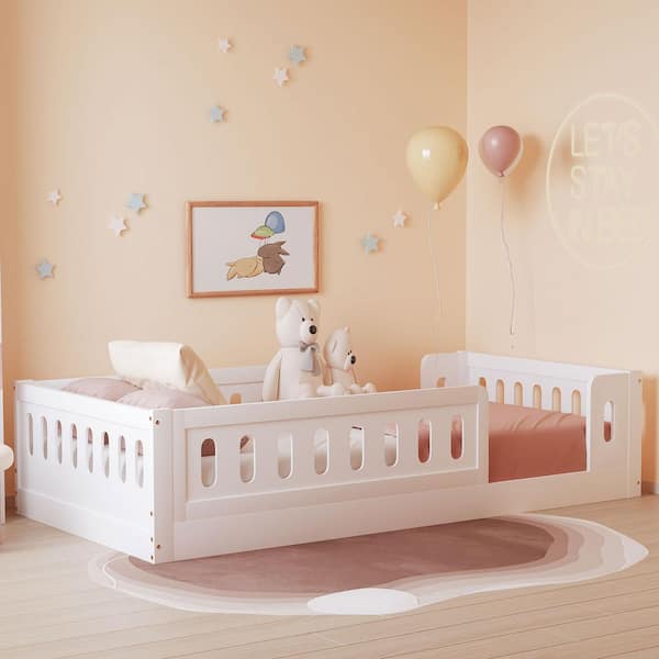 White Wood Frame Twin Size Platform Bed with Guardrail