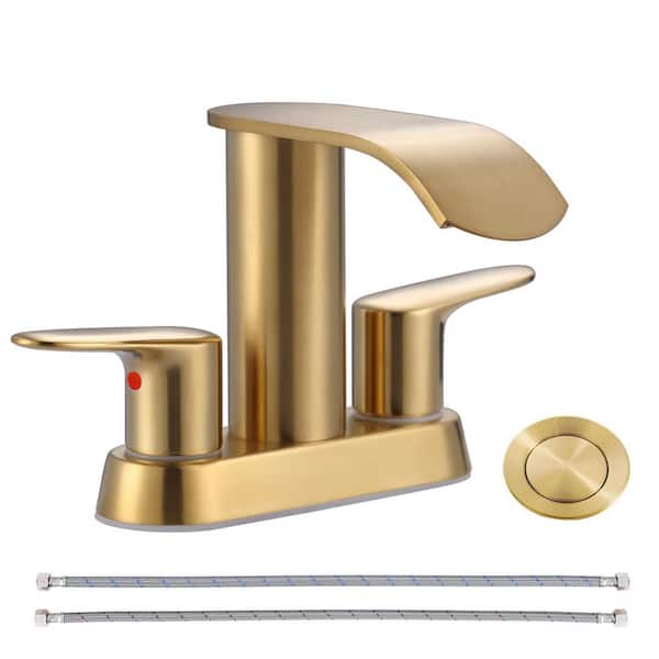VEVETTA Waterfall 4 in. Centerset Double-Handle Bathroom Sink Faucet, Modern Faucet with Pop Up Drain in Brushed Gold