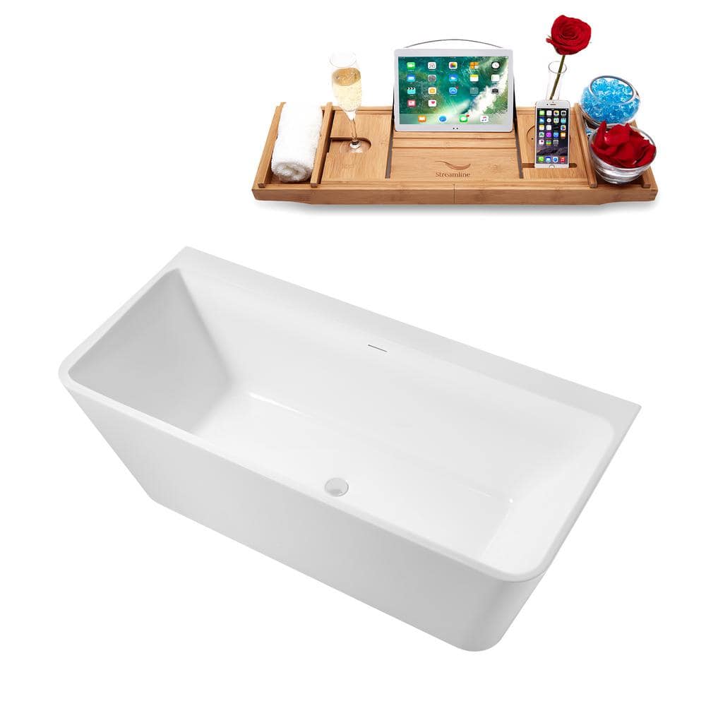 67" Glossy White Acrylic Freestanding Soaking Tub with Bamboo Tray