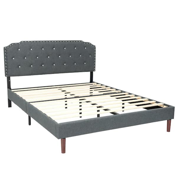 ANGELES HOME Grey Linen Upholstered Wood and Metal Queen Platform Bed Frame with Adjustable Headboard
