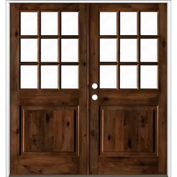 Krosswood Doors 72 in. x 80 in. Craftsman Knotty Alder Wood Clear 9-Lite provincial stain Right Active Double Prehung Front Door
