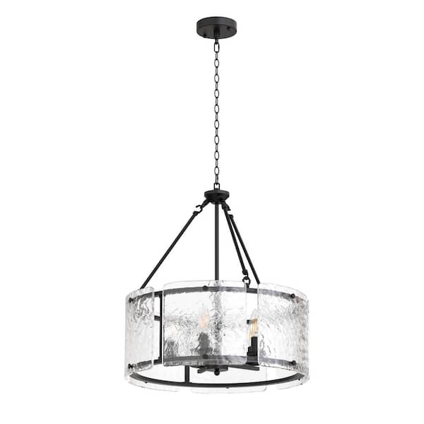 21 in. 5-Light Black Glass Drum Dimmable Island Chandeliers, Dining Room Living Room Light Pendant Light Fixtures