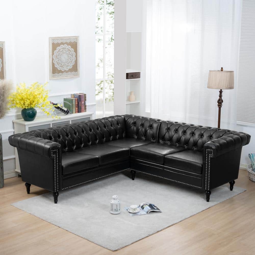 Harper Bright Designs 84 65 In W 2 Piece L Shaped Faux Leather Modern Tufted Sectional Sofa Black Gcsfs00003 The
