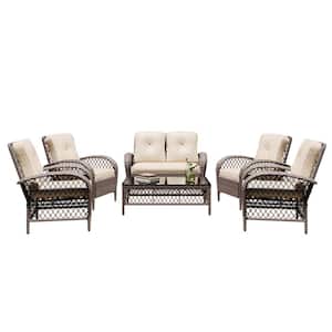 6--Piece Brown Wicker Patio Conversation Seating Set with Beige Cushions and Coffee Table