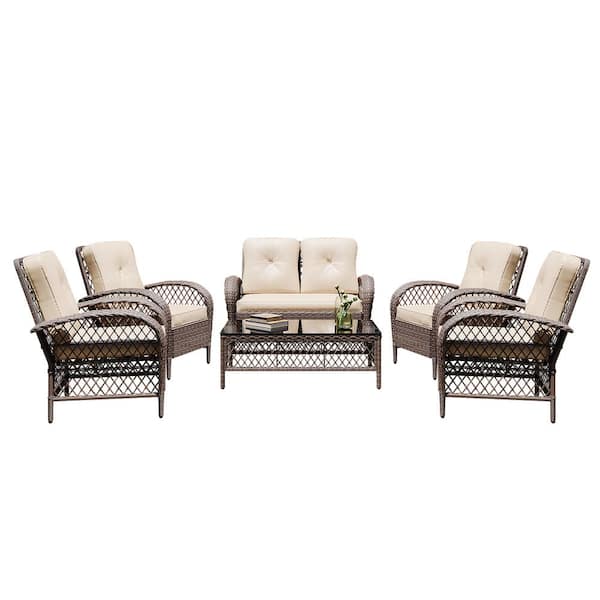 PATIOGUARDER 6--Piece Brown Wicker Patio Conversation Seating Set with Beige Cushions and Coffee Table