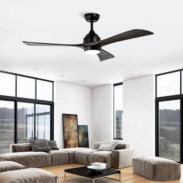 52 in. Indoor Matte Black Ceiling Fan with LED Light, Wood Blade, Remote Control and Reversible DC Motor for Bedroom