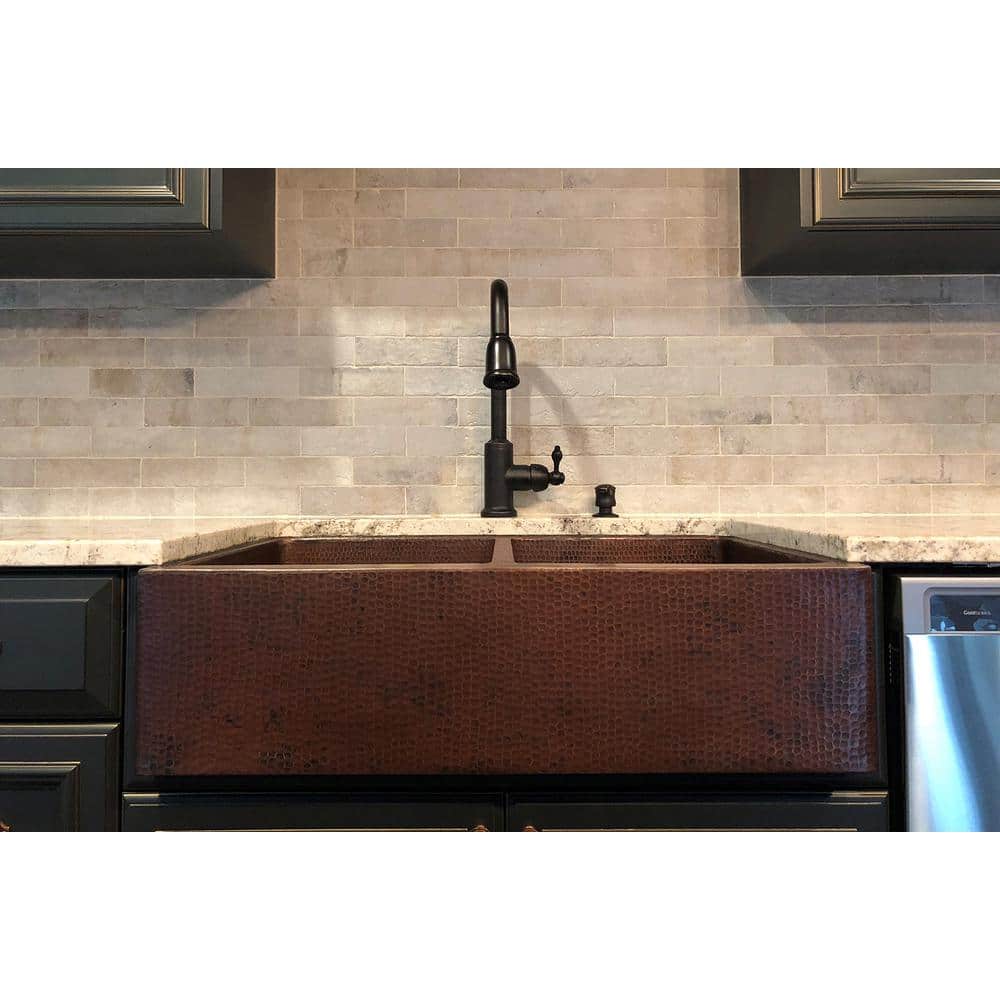 Premier Copper Products Undermount Hammered Copper 33 in. 0-Hole Double Bowl Kitchen Apron Sink in Oil Rubbed Bronze -  KA50DB33229