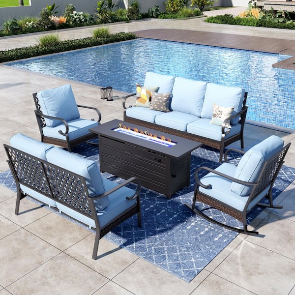 PHI VILLA 5-Piece Black Metal 7-Seats Fire Pit Patio Sets with Rocking Chairs, 50000 BTU Fire Pit Table and Blue Cushions