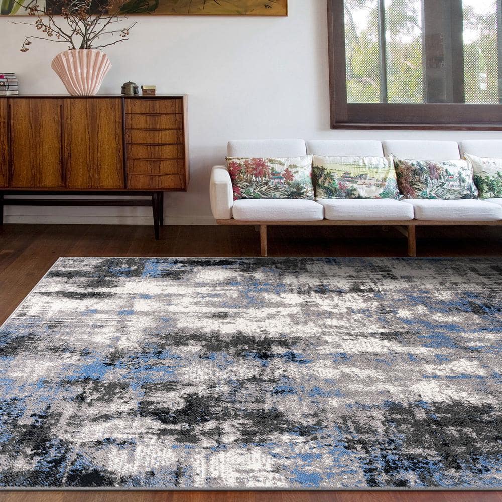 Blue and Gray Abstract 5' x 7' Stain-Resistant Synthetic Area Rug