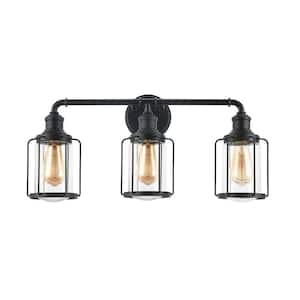 24 in. W. 3-Light Matte Black Vanity Light with Clear glass Shade